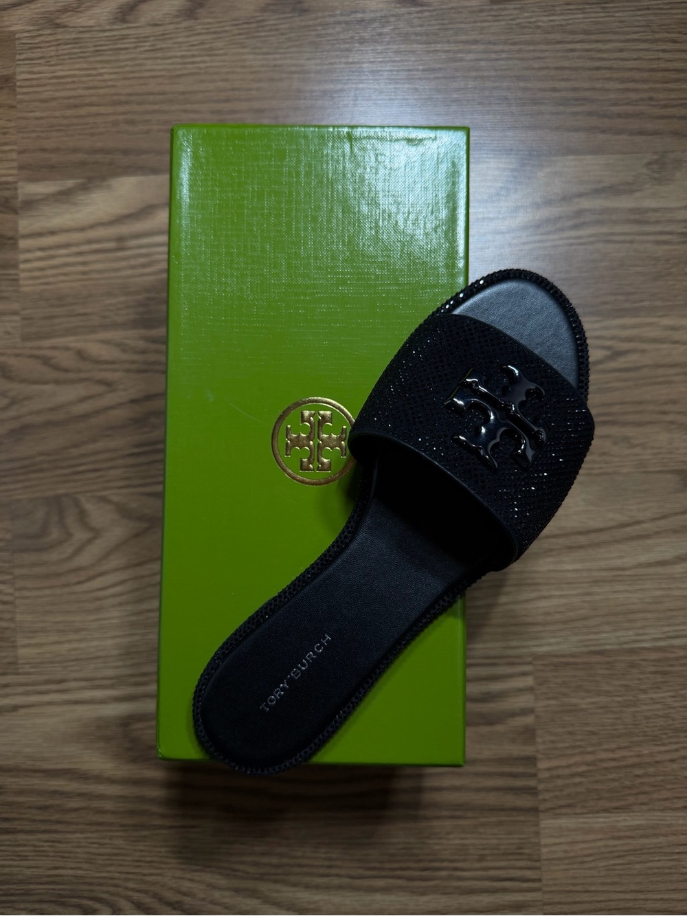 Tory Burch Black Crystal Slide Mule with Logo Accent